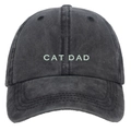 Washed cotton baseball cap in charcoal black featuring light green CAT DAD 3D embroidery - Washed Grey CAT DAD Green Embroidery Cap