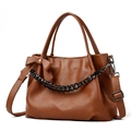 Dark brown faux leather tote bag with lychee texture and black decorative chain - Caramel color