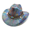 Iridescent laser cowboy hat with snakeskin texture and turquoise tassel band decor - M (56-58cm) / Black