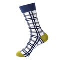 Retro white and dark blue plaid crew sock with mustard yellow toe and heel accents - 1091-White Blue Yellow Plaid