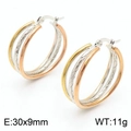 Three-tone intertwined hoop earrings in gold, silver and rose gold with 30x9mm size - Twisted Rope Texture Parallel Style (KE109357-LO)