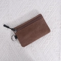 Deep brown canvas coin purse with zipper closure and metal keychain ring attachment - Coffee