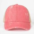 Detailed view of coral pink distressed cotton baseball cap with breathable beige mesh backing - One Size / Orange Pink