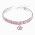 Three-row pink rhinestone pet collar with silver paw pendant for dogs and cats - 20cm+5cm / Rose Red