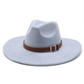 Close-up of a wide brim suede fedora hat featuring a brown woven leather band and buckle - M (56-59cm) / Light Blue (Suede)