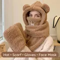 Cocoa brown 4-in-1 fuzzy bear hat with integrated scarf, mask and gloves for winter - Bear 4-Piece Set / Brown