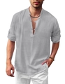 Men's casual grey linen Henley shirt with long sleeves and buttoned mandarin collar - Light Gray