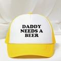 Detail of Daddy Needs A Beer trucker hat showing yellow mesh and white polyester panel - One Size / Yellow and White
