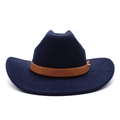 Detail of navy wool cowboy hat featuring a brown faux leather band and gold rivet - M (56-58cm) / Navy Blue