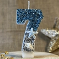 Creative number 7 birthday candle with blue and silver glitter and seashell decor - Number 7