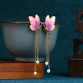 Detail of enamel butterfly earrings with gold tassels and pearls on ceramic cup - CP961-Pink Purple Gradient Butterfly Tassel