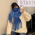 Thick warm Klein blue mohair scarf with chunky fringes and oversized knit texture - 230*35cm / 40206-Blue