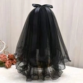 Detail of multi-layered black bridal veil with pearls and ribbon bow decoration - Black Scalloped Edge Bowknot With Clip