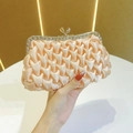 Elegant apricot satin evening clutch with pleated texture and rhinestone metal frame - Apricot