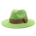 Detail of bright green woven straw fedora hat with contrast brown fabric ribbon band - Fruit Green