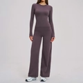 Tweeledige yogaset in pruimkleur met top met lange mouwen en broek met hoge taille en wijde pijpen - S / Aubergine paars