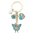 Blue butterfly keychain with golden heart and pearl charms on white background - Lake Blue Heart Flower (ER725)