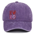 Detailed embroidery of XO and red heart on purple washed cotton baseball cap fabric - Purple