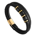 Braided black leather men's bracelet with gold and black magnetic clasp and metal beads - 23CM