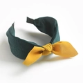 Bohemian wide headband in dark green suede featuring a mustard yellow fabric bow - Green Yellow Bow
