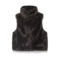 Women's faux fur vest with stand collar in dark brown faux fur texture on white background - Black