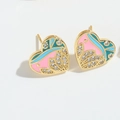 Detail of heart stud earrings with blue and pink enamel and sparkling rhinestones - Heart / Pink