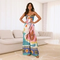 Women's tube top tie-up jumpsuit with colorful digital print and wide-leg design - S / Blue Pink Floral