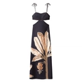 Elegante zwarte backless maxi-jurk met tropische bloemenprint en uitsnijdingen in de taille - S / Zwart