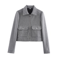 Women's light grey cropped tweed jacket with zipper closure and double flap pockets - S / Heather Grey