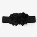 Women's black elastic waist belt featuring two large stylish decorative fabric roses - Black