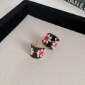 Vintage style black hoop earrings with red floral patterns and white pearl accents - No.11 Silver Pin Black C-Shape Style