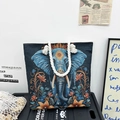 Bohemian jacquard tote bag with blue elephant embroidery and white cotton rope handle - Dark Night Blue Elephant