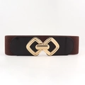 Détail de la boucle en métal doré sur une large ceinture élastique marron foncé - Style en Cuir PU / Marron