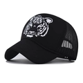 Detail of black trucker hat featuring a 3D white tiger head print and breathable mesh back - White Tiger Head