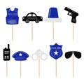Glittery police theme cupcake toppers including police car badge and vest decorations - 9Pcs Small Cupcake Toppers