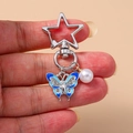 Handheld silver keychain with blue enamel butterfly, faux pearl and rhinestone star charm - Small Butterfly