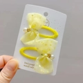 Pair of yellow polka dot tulle bow hair clips with pearls and rhinestones on card - BB Snap Clips (Pair) / Yellow