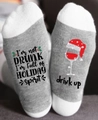 Grey Christmas socks with wine glass print and I'm not drunk holiday spirit slogan - One Size / Wine Letter Grey White