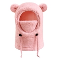 Cagoule d'hiver rose en peluche pour enfants avec oreilles d'ours et masque facial intégré - Rose