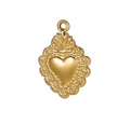 Golden 3D heart pendant with vintage embossed texture and metallic finish for DIY jewelry - BP48532D0-Vintage Embossed Sacred Heart
