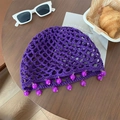Handmade purple hollow knit beanie with decorative beads and bohemian chic style - One Size / Purple