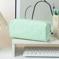 Green and white striped seersucker pencil case with zipper for desk stationery storage - Green Stripes