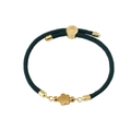 Detail of green woven bracelet with gold clover charm and adjustable sliding clasp - Black (Flower)