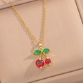 Elegant gold cherry necklace set with red and green crystals in a premium jewelry box - Cherry Necklace (441)