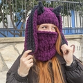 Knitted purple and grey balaclava with long rabbit ears and black devil horns - 57-59cm / Purple Black Horn Rabbit Ears Split Color