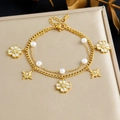 Double-layer gold stainless steel bracelet with white flower pearl and star pendants - Camellia Octagram Pearl Double Layer Style (B1943)