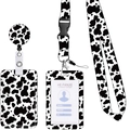 Retractable badge holder set featuring black and white cow print with lanyard and card case - Cow Print