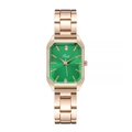 Close-up of rose gold rectangular watch with green dial and diamond accents at 12 and 6 - Green