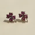 Elegant four-leaf clover stud earrings with silver finish and purple heart-shaped zircons - Silver Purple