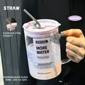 1000ml high borosilicate glass straw cup with purple lid and stainless steel straw - 1000ml / Grape Purple Salary Full Stainless Steel Straw Set